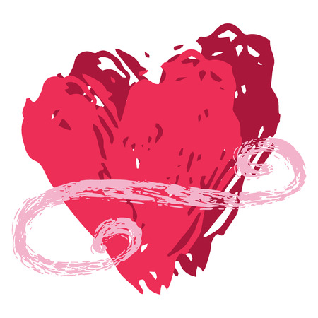 Brush stroke red vector 2 love hearts entwined flourish texture. Hand drawn illustration motif for passion sticker, I love you valentines day card, romantic wedding heart or proposal clipart.のイラスト素材