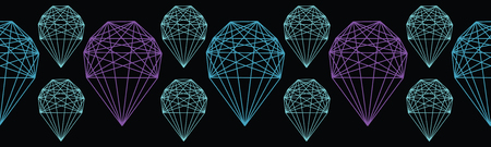 Geometrical crystal shape. Seamless repeating vector border. Glowing dark teal purple light on black esoteric banner ribbon. Spiritual concept. Sacred geometry drawing. Universal metaphysical harmony.のイラスト素材