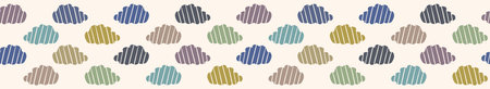 Hand drawn vector cloud illustration. Seamless repeating border of fluffy silhouette on cloudy white...
