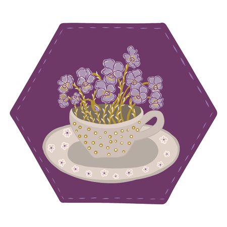 Pretty flower cup with bouquet of pansies. Hand drawn vector illustration clipart motif. Delicate petal blooms in decorative teacup in aubegine purple muted tones. For garden lover or botanical card.のイラスト素材