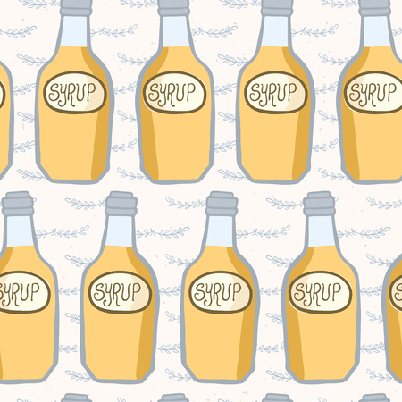 Cute bottle of golden syrup vector illustration. Seamless repeating pattern. Hand drawn glass container filled with liquid and creative lettering. For pancake day menu, food blog all over print.のイラスト素材