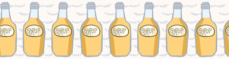 Cute bottle of golden syrup vector illustration. Seamless repeating border. Hand drawn glass container filled with liquid and creative lettering. For pancake day menu, food blog banner ribbon edging.のイラスト素材