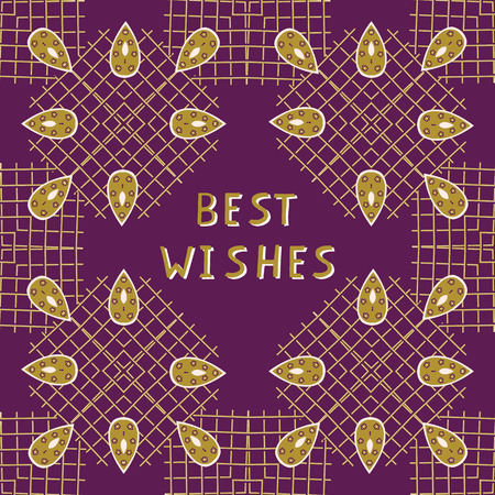 Geometric flower quilt grid greeting card. Hand drawn best wishes lettering text illustration. Decorative mustard yellow purple element isolated. Frame can be seperated from words.のイラスト素材
