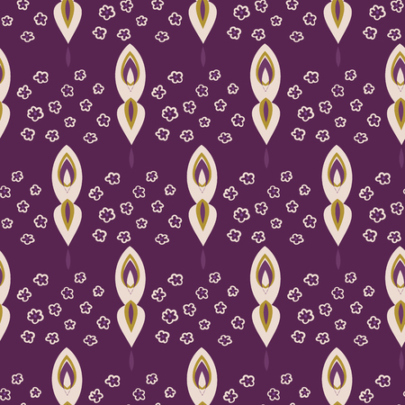 Pretty stylized tiny floral pattern. Seamless repeating. Hand drawn vector illustration. Simple ornamental flowers motif in decorative purple, off white background. Summer fashion, retro home decor.のイラスト素材