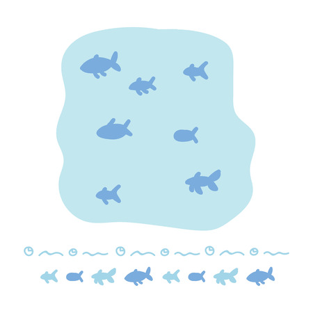 Cute ocean fish shoal cartoon vector illustration motif set. Hand drawn school of fishes elements clipart for ocean life blog, marine graphic, wildlife web buttons.のイラスト素材
