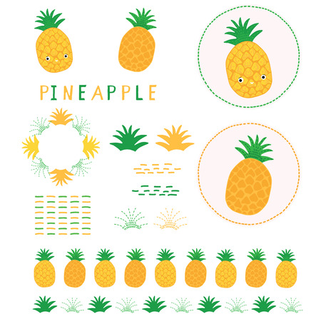 Cute yellow pineapple vector illustration clipart. Hand drawn kawaii dotty ananas. Tropical motif elements and borders. 1950s style retro kitchen decor icons, kids stickers, 5aday fruit labels.のイラスト素材