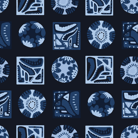Indigo blue dye geometric memphis squares circles pattern. Seamless repeating all over print. Hand drawn vector illustration. Japanese style kimono textile backdrop. Trendy fashion, asian home decor.のイラスト素材