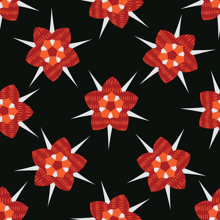 Boho Star Flower Blooms All Over Print Vector. Colorful Floral Seamless Repeating Pattern. Dark Black Red Folk Background. Hand Drawn Fashion Prints, Wallpaper, Stationery, Hipster Garden Packaging.のイラスト素材