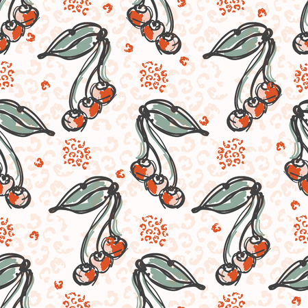 Fifties Style Cherries Sketchy Vector Pattern, Hand Drawn Stylized Cherry Food Illustration,Trendy Kitchen Decor, Vintage Fashion Prints, Canning Labels, Retro Garden Gift Wrap, Vintage Red Pinkのイラスト素材