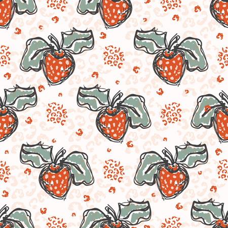 50s Style Strawberries Sketchy Vector Pattern, Hand Drawn Stylized Strawberry Food Illustration,Trendy Kitchen Decor, Vintage Fashion Prints, Canning Labels, Retro Garden Gift Wrap, Vintage Red Pinkのイラスト素材