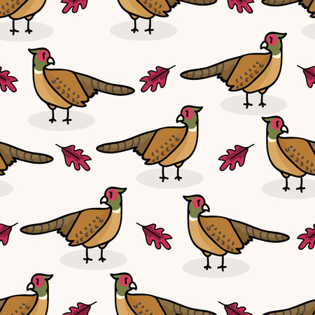Cute pheasant cartoon seamless vector pattern background. Oak leaf graphic tile.のイラスト素材