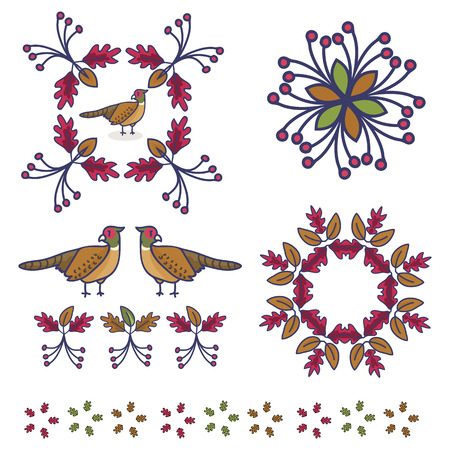Cute pheasant cartoon vector illustration motif set. Hand drawn isolated forest plant elements clipart for nature blog, oak leaf and berry graphic,woodland web buttons.のイラスト素材