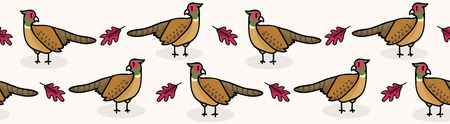 Cute pheasant cartoon seamless vector border background. Hand drawn wildlife bird illustration, forest animal for woodland Fashion Prints.のイラスト素材