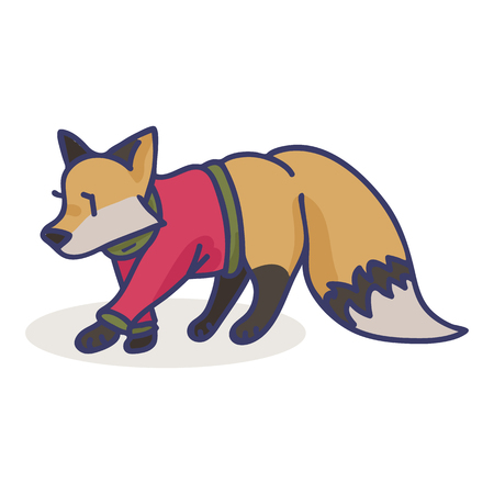 Cute fox cartoon with sweater vector illustration motif set. Hand drawn isolated woodland animal elements clipart for nature blog, autumn vixen graphic,forest web buttons.のイラスト素材