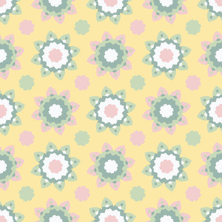 1950s Style Flower Polka Dots Seamless Vector Pattern. Drawn Retro Daisies llustration for Spring Fashion Prints, Pretty Packaging, Girl Clothing, Garden Paper Goods, Bright Summer Yellow Sun Wrappingのイラスト素材