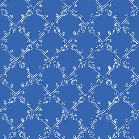 Stylized Flower Trellis Seamless Vector Pattern. Folk Floral Quilt Grid. Hand Drawn Boho Scandi Style Illustration for Trendy Damask Textiles Prints, Decorative Garden Packaging. All Over White Blueのイラスト素材