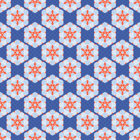 1950s Style Hexagon Patchwork Dot Seamless Vector Pattern. Folk Art Quilt. Hand Drawn Summer Textile...