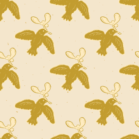 Flying Folk Art Bird with Mistletoe Seamless Vector Pattern. Traditional Block Print Styleのイラスト素材