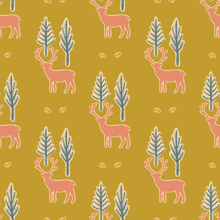 Winter Rustic Tree and Reindeer Lino Cut Texture Seamless Vector Pattern, Pine, Deer Forest Block Print Style for Xmas Home Decor, Christmas Wallpaper, Nordic Card, Festive Mustard Yellow Teal Blueのイラスト素材