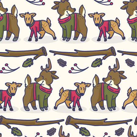 Cute deer and doe cartoon seamless vector pattern. Hand drawn forest wildlife tileのイラスト素材