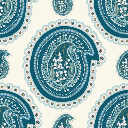Hand drawn lily of the valley floral paisley damask illustration. Seamless vector arabesque pattern all over print. Traditional persian flower foulard drop motif. Decorative shawl fashion, home decor.のイラスト素材