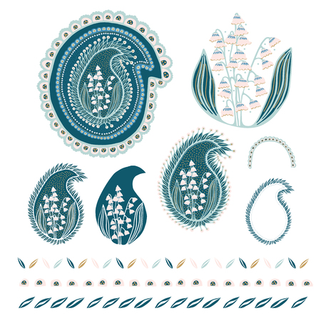 Hand drawn lily of the valley floral paisley damask illustration set. Vector arabesque clipart motif collection. Traditional persian spring flower foulard drop . Decorative shawl fashion, home decor.のイラスト素材