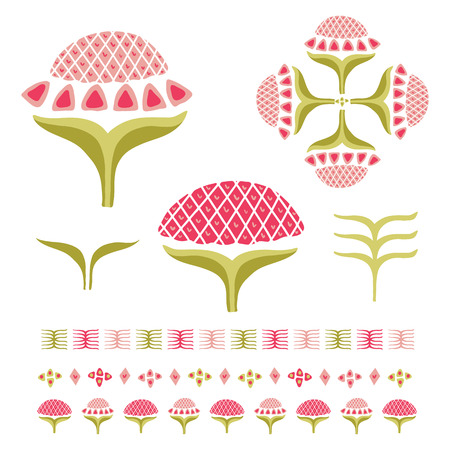 Pretty indian floral bloom motif set. Hand drawn ornate vector illustration. Ornamental stylized flower bloom and borders . Decorative pink , green for elegant clipart, retro home decor graphic.のイラスト素材