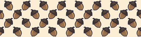 Forest acorn cartoon seamless vector border. Hand drawn woods plant tile. All over print for autumn...