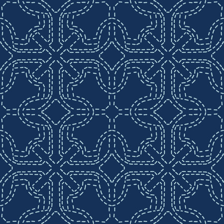 Abstract Motif Sashiko Style Japanese Needlework Seamless Vector Pattern. Hand Stitch Indigo Blue Line Texture for Textile Print, Classic Japan Decor, Asian Backdrop or Simple Kimono Quilting Templateのイラスト素材