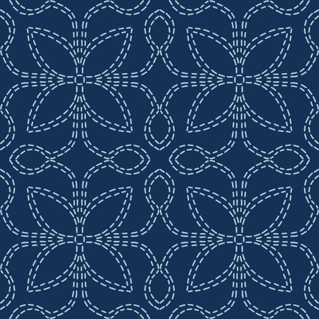 Floral Motif Sashiko Style Japanese Needlework Seamless Vector Pattern. Hand Stitch Indigo Blue Line Texture for Textile Print, Classic Japan Decor, Asian Backdrop or Simple Kimono Quilting Templateのイラスト素材