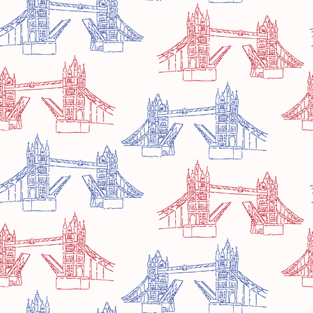 Sketchy London Tower Bridge seamless vector pattern. Famous historical british monument for travel vacation wallpaper, british uk sightseeing all over print. Drawbridge river thames in red blue white.のイラスト素材