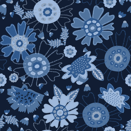 Hand drawn indigo blue floral garden meadow. Seamless repeating vector pattern. Trendy bold daisies bloom flowers. All over print fashion illustration, gift wrapping or summer home decor background.のイラスト素材