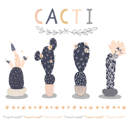 Cactus in pot clipart element set. Pretty indoor isolated succulent houseplant vector illustration. Desert mexican flowering cacti design motif. Hand drawn garden plant sticker, icon, text wallart.のイラスト素材