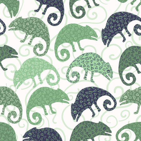 Chameleon lizard seamless pattern. Green reptile repeatable tile vector illustration. Pet store, zoo camouflage graphic design wallpaper. Hand drawn exotic subtropical animal silhouette background.のイラスト素材