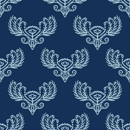 Indigo blue hand drawn persian arabesque motif damask illustration. Seamless decorative vector pattern. Japanese style all over print. Intricate filigree. Elegant wallpaper, indian boho home decor.のイラスト素材