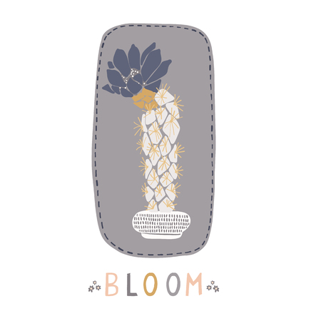 Cactus in plant pot clipart frame element. Indoor isolated succulent houseplant vector illustration. Desert flowering cacti greetings card motif. Hand drawn garden plant sticker, trendy word wallartのイラスト素材