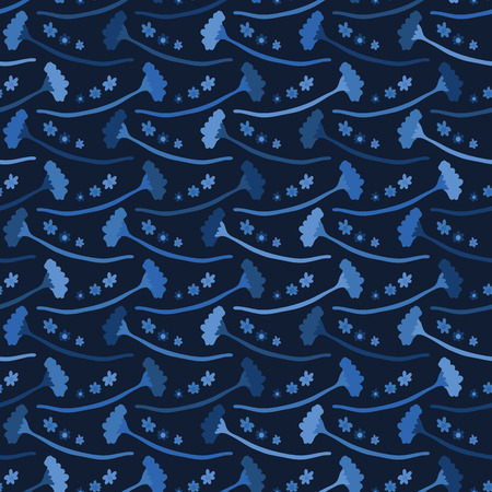 Tiny flower blossom sprinkles seamless pattern. Pretty fashion print vector illustration. Repeatable floral wallpaper tile . Hand drawn modern alloverprint home decor background. Denim indigo blue.のイラスト素材
