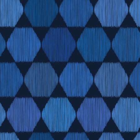 Indigo blue hand drawn hexagon graphic seamless pattern. Sketchy harlequin style texture vector illustration.のイラスト素材