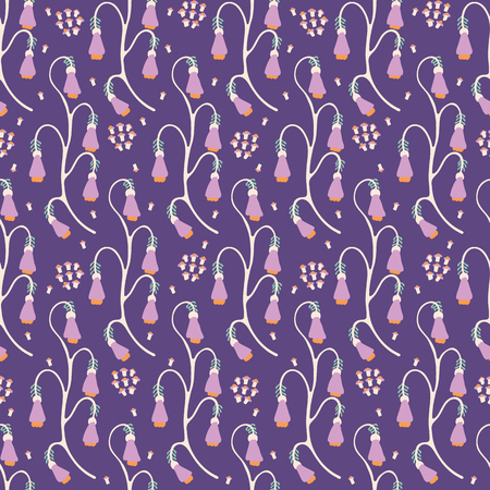 Hand painted large scale floral vector seamless pattern . Purple background. Pink green stylized blooms.のイラスト素材