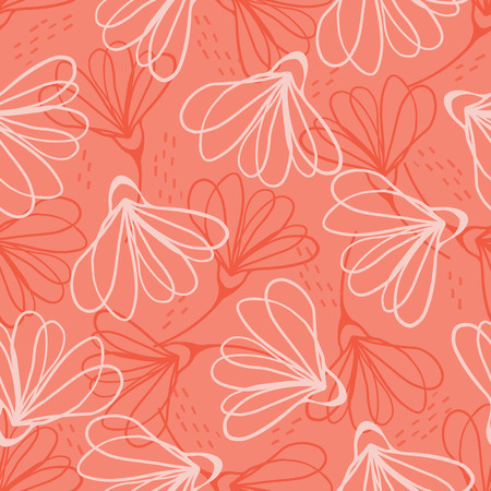 Hand painted large scale floral vector seamless pattern. Coral red background tone on tone stem blooms.のイラスト素材