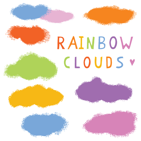 Hand drawn rainbow cloud vector illustration. Fluffy multicolor texture silhouette collection with text.のイラスト素材