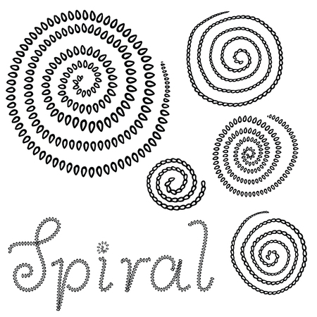 Vector grunge organic ink textured spiral set. Abstract design elements set. Swirl motion brush stroke. Overlay artistic shape illustration. Grungy aged distressed moving curve. Stich loop circle.のイラスト素材