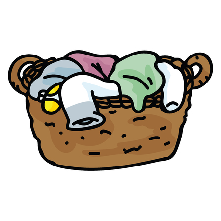 Cute vintage clothes basket cartoon vector illustration motif set. Hand drawn isolated bathroom elements clipart for home decor blog, clothing graphic, washing web buttons.のイラスト素材