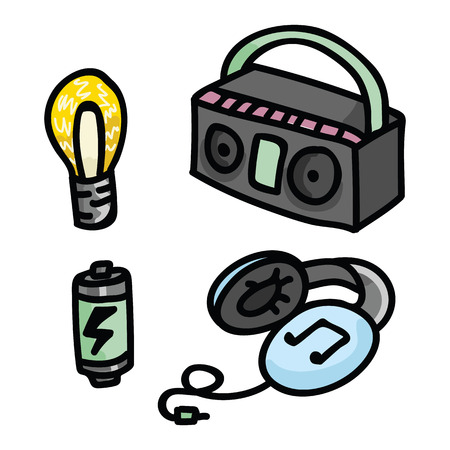 Cute boombox, lightbulb, battery and headphone vector illustration. Hand drawn cartoon audio player in vintage 90s style. Clipart graphic design element for technology blog, audio stereo image.のイラスト素材