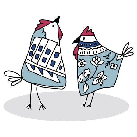 Cute stylised pair of roosters cartoon vector illustration motif set. Hand drawn isolated blue hen elements clipart for farm blog, chicken graphic, animal web buttons.のイラスト素材