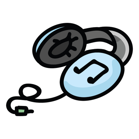Cute headphones vector illustration. Hand drawn cartoon cable wire in vintage 90s style. Clipart graphic design element for music blog, audio stereo image, nostalgic hipster icon.のイラスト素材