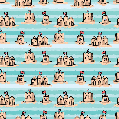 Cute beach sand castles with flag seamless vector pattern. Hand drawn beach summer day.のイラスト素材