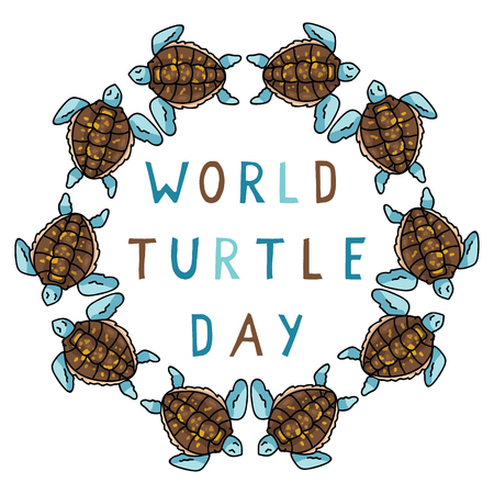 Cute world turtle day blue circle cartoon vector illustration motif set.のイラスト素材