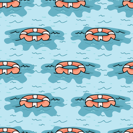 Cute lifering floating on the sea cartoon seamless vector pattern.のイラスト素材