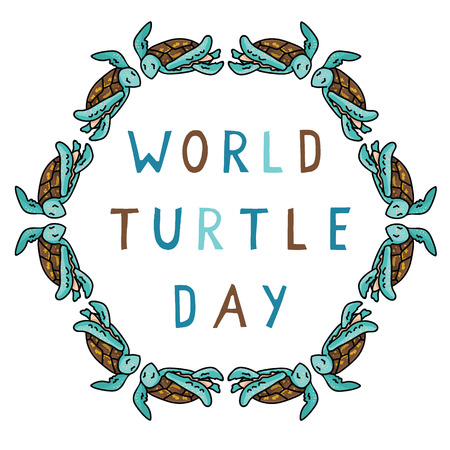 Cute world turtle day circle cartoon vector illustration motif set.のイラスト素材